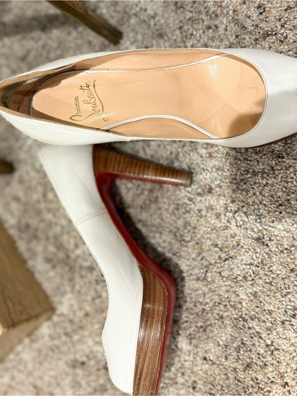 Christian Louboutin White Leather Pumps with Red Sole and Wood Heel
